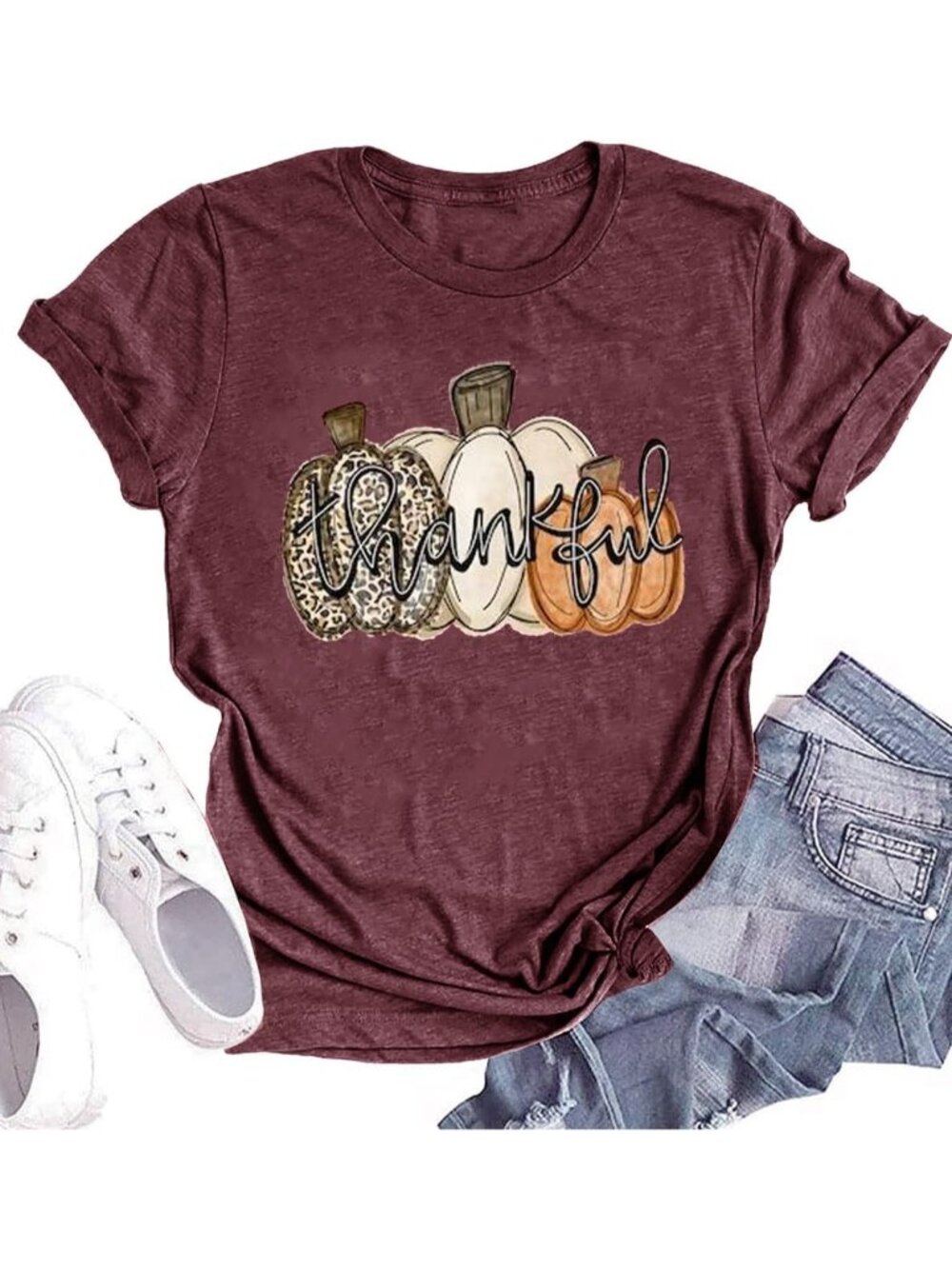🆕 Women's Maroon Thankful Pumpkin Thanksgiving Graphic Tee Short Sleeve Shirt